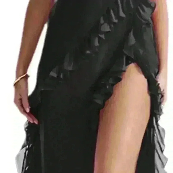 Women Sleeveless Ruffle Split Maxi Dress Summer Solid Spaghetti Strap Square - Picture 5 of 5